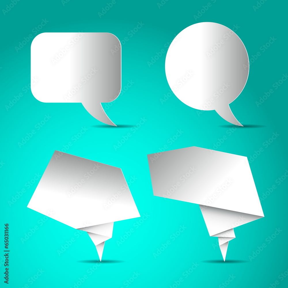 Set of Speech bubbles white blank, paper design on bright blue b Set of Speech bubbles white blank, paper design on bright blue b