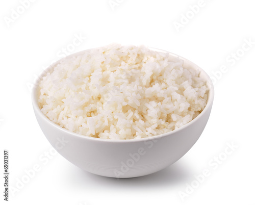 rice in a white bowl isolated on white background