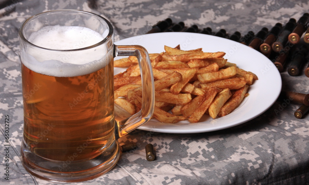 Beer with French fries military style Beer with French fries military style