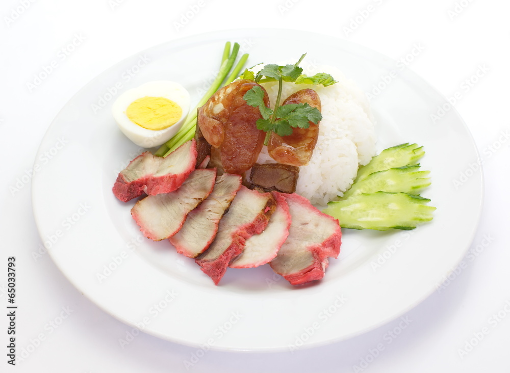 red pork with steamed rice and boil egg