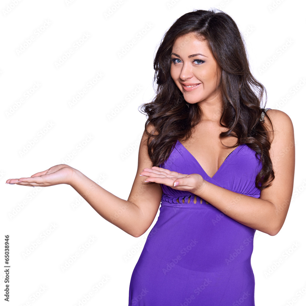 Fototapeta premium happy smiling woman showing open hand