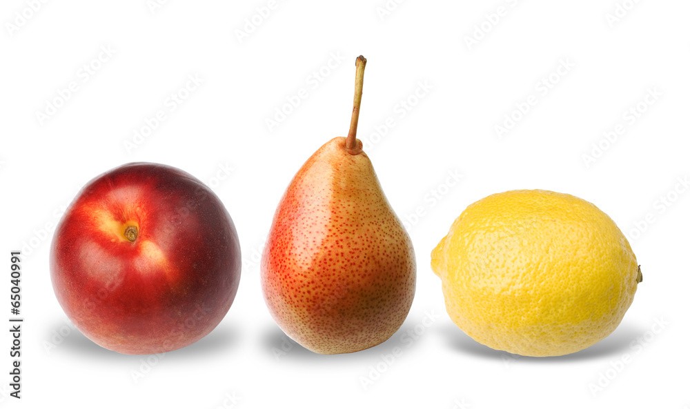 Three fruits (lemon, pear, peach) isolated on white background. Three fruits (lemon, pear, peach) isolated on white background.