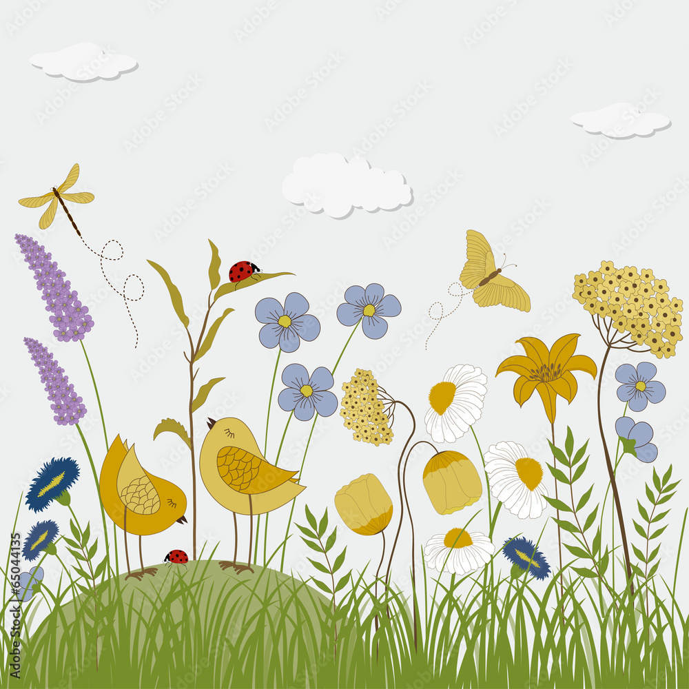 Floral background with birds, butterflies and flowers Floral background with birds, butterflies and flowers