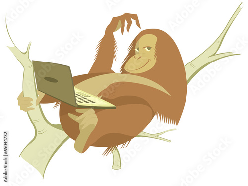 Cartoon smiling monkey  lying on the tree with notebook
