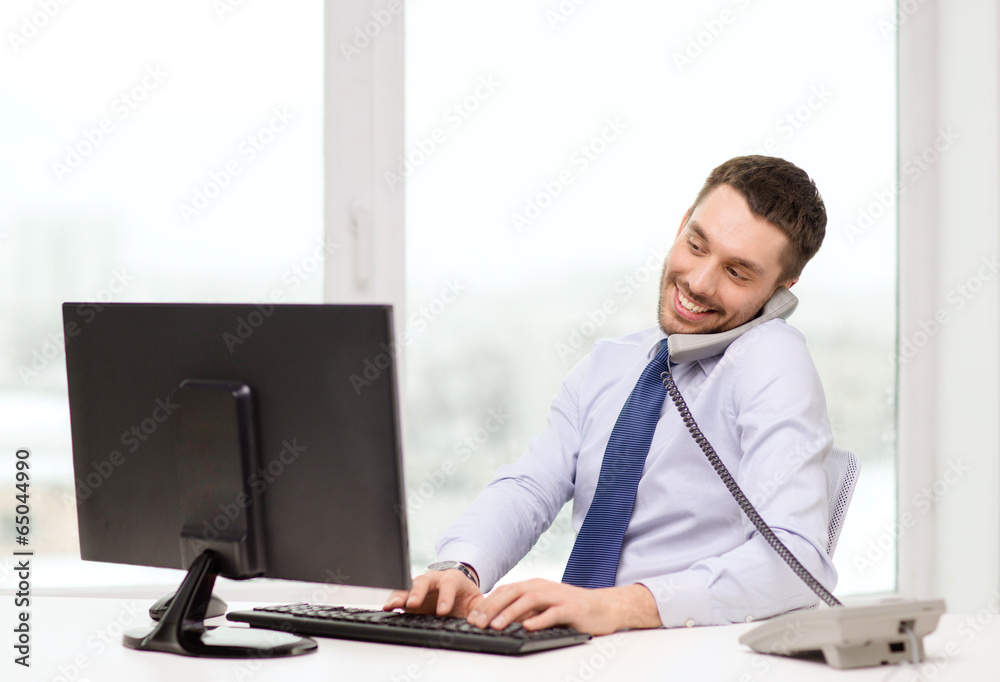 smiling businessman or student with computer smiling businessman or student with computer