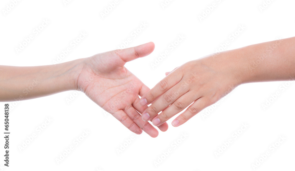 Shaking hands of two female people isolated on white background