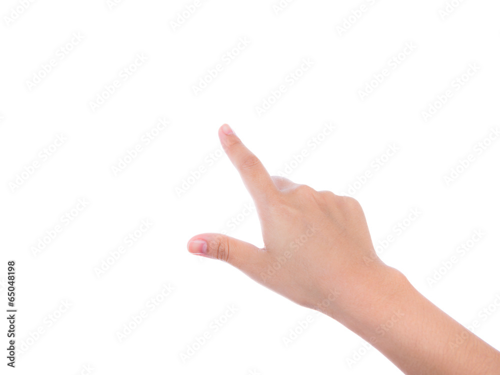 Woman hand touching virtual screen isolated on white background Woman hand touching virtual screen isolated on white background