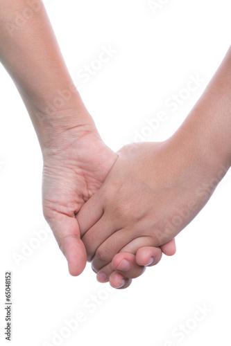 Hand touches hand isolated on white background.