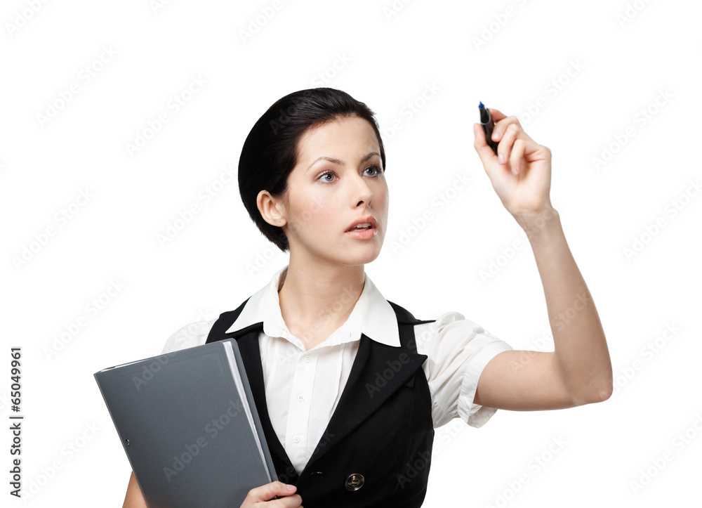 Business woman with folder writing on the invisible screen Business woman with folder writing on the invisible screen