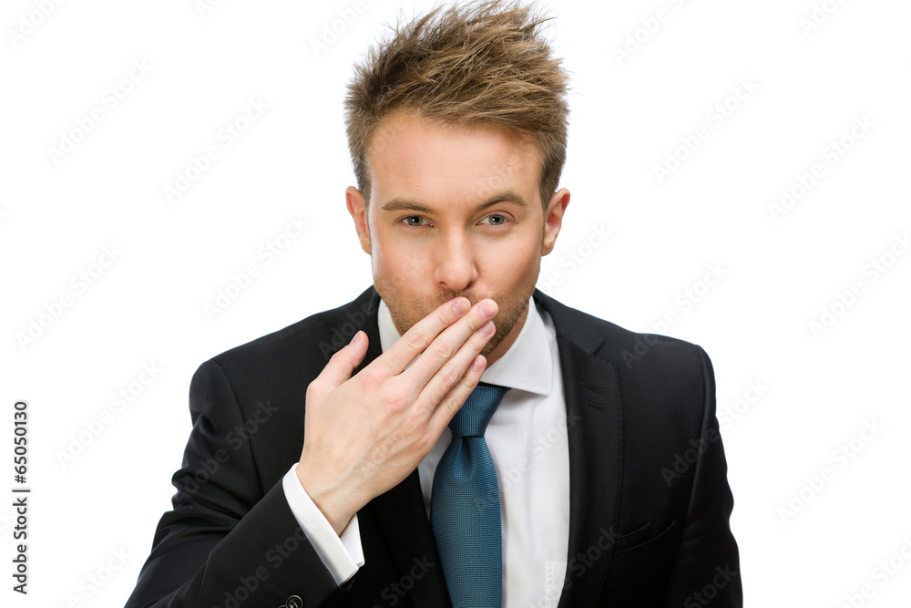 Half-length portrait of businessman blowing kiss Half-length portrait of businessman blowing kiss