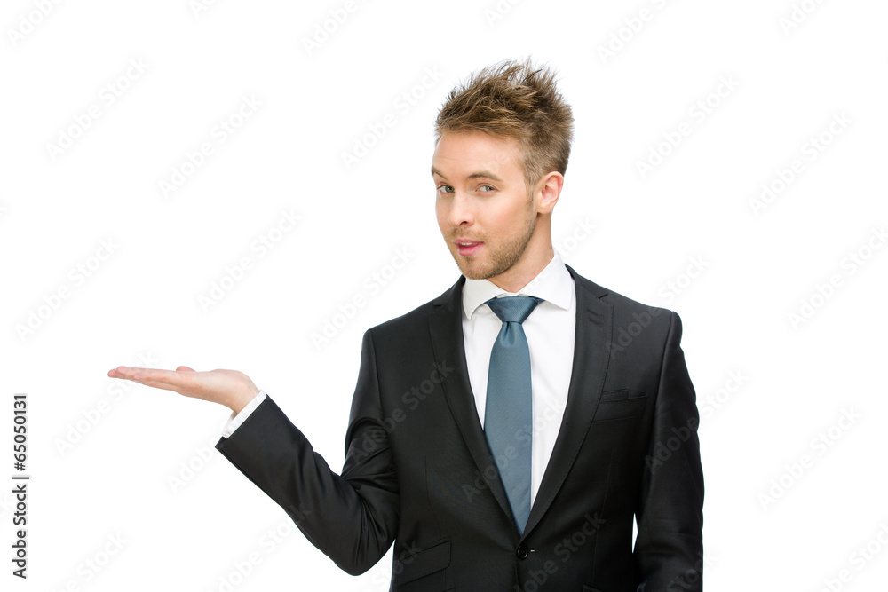 Half-length portrait of executive with palm up, isolated Half-length portrait of executive with palm up, isolated
