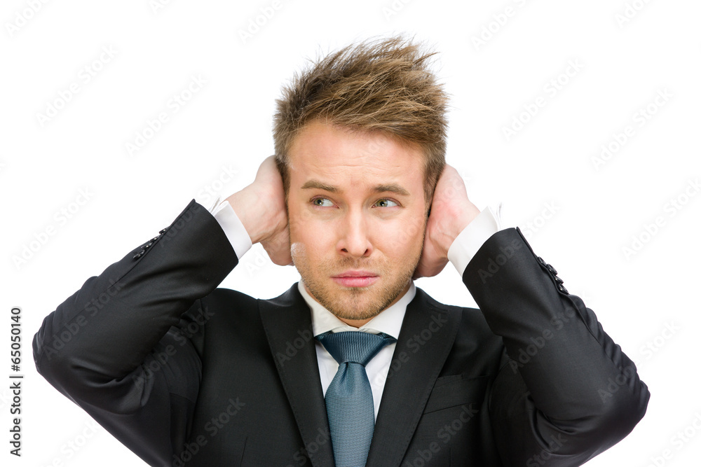 Half-length portrait of white collar closes his ears Half-length portrait of white collar closes his ears