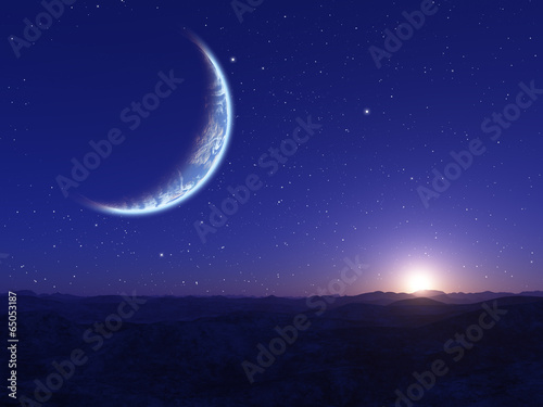 Alien Planet. Landscape with stars and planet.