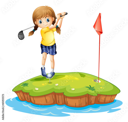 An island with a young girl playing golf