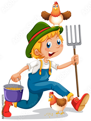 A boy running with a pail of feeds and a rake