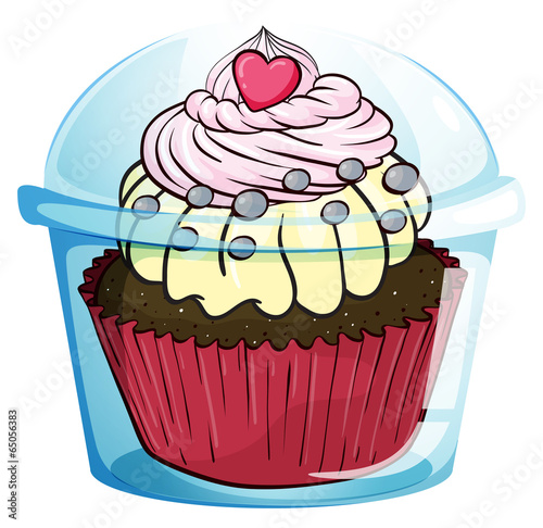 A cupcake inside the disposable cup with a cover