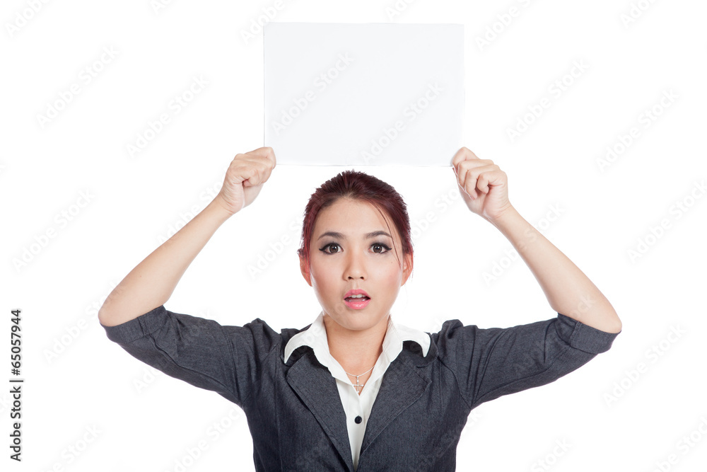 Asian businesswoman surprise show a blank sign over her head Asian businesswoman surprise show a blank sign over her head