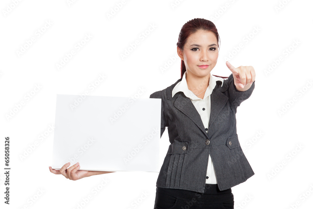 Asian businesswoman show a blank sign point to camera Asian businesswoman show a blank sign point to camera