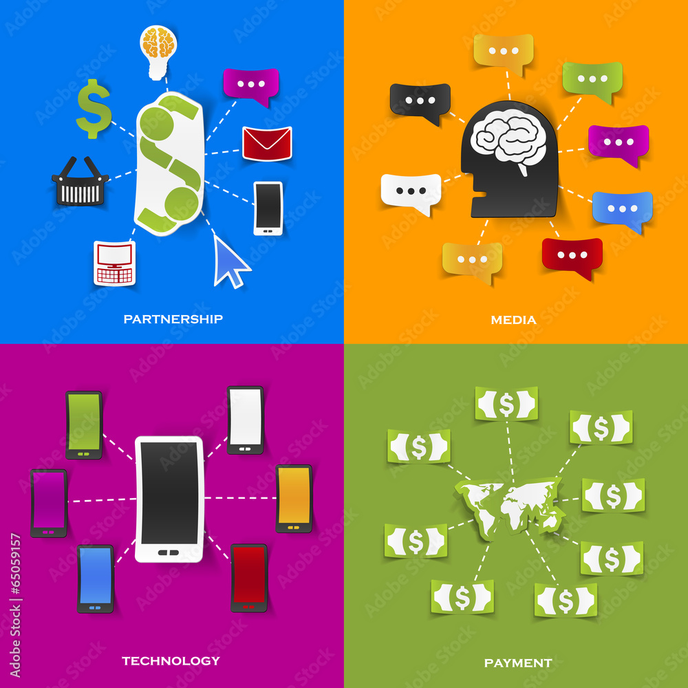 Set of modern stickers. Concept of partnership, media Set of modern stickers. Concept of partnership, media