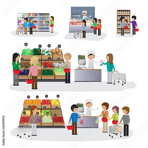 People In Supermarket - Isolated On White Background