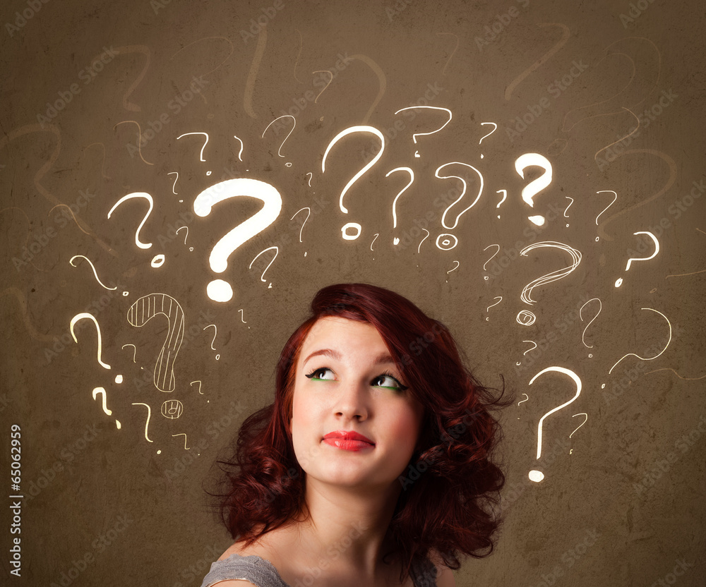 girl with question mark symbols around her head girl with question mark symbols around her head