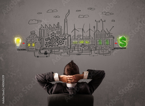 Business man looking at factory that makes money from ideas