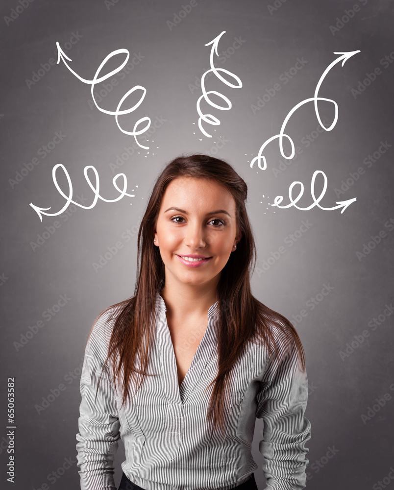 Young woman thinking with arrows overhead Young woman thinking with arrows overhead