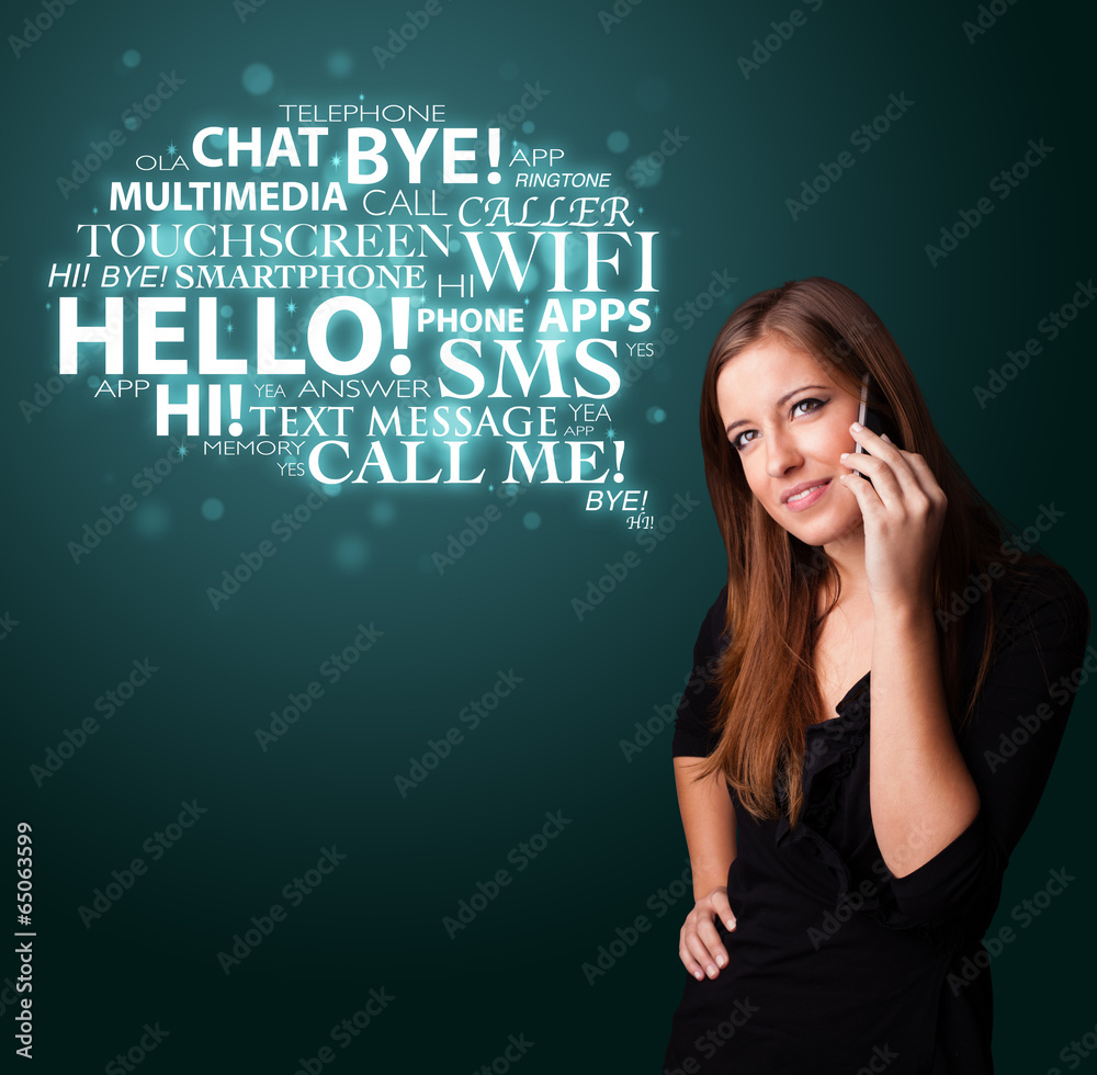 Young girl calling by phone with word cloud Young girl calling by phone with word cloud