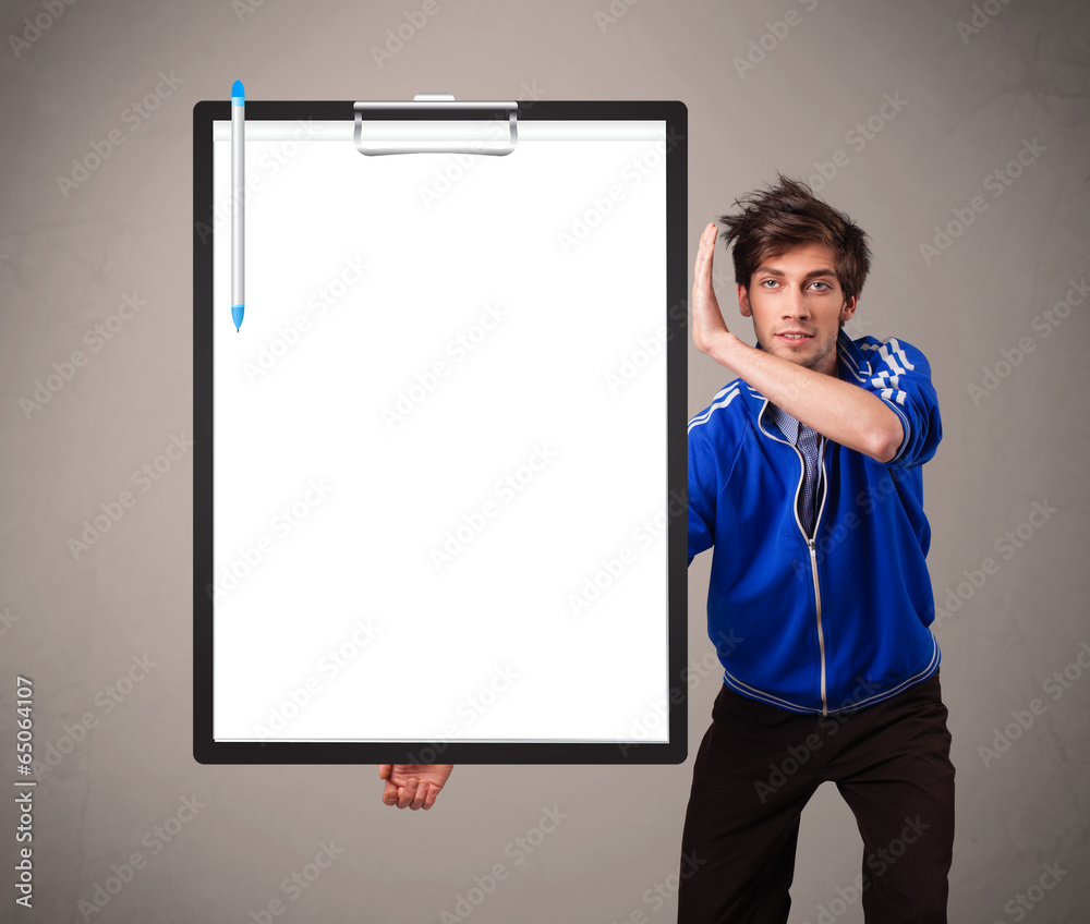 Young boy holding black folder with white sheet copy space Young boy holding black folder with white sheet copy space