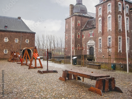 Snowfall in Kasteel Hoensbroek, one of the most famous Dutch cas photo