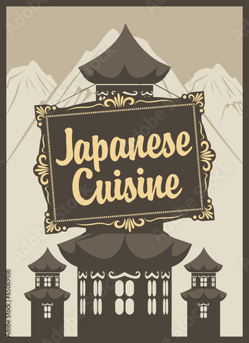 banner for a Japanese restaurant and pagodas