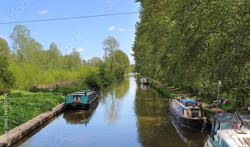 Moored Narrowboats on an English Canal