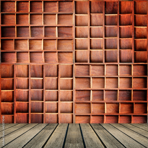 Empty brown wood cabinet shelf