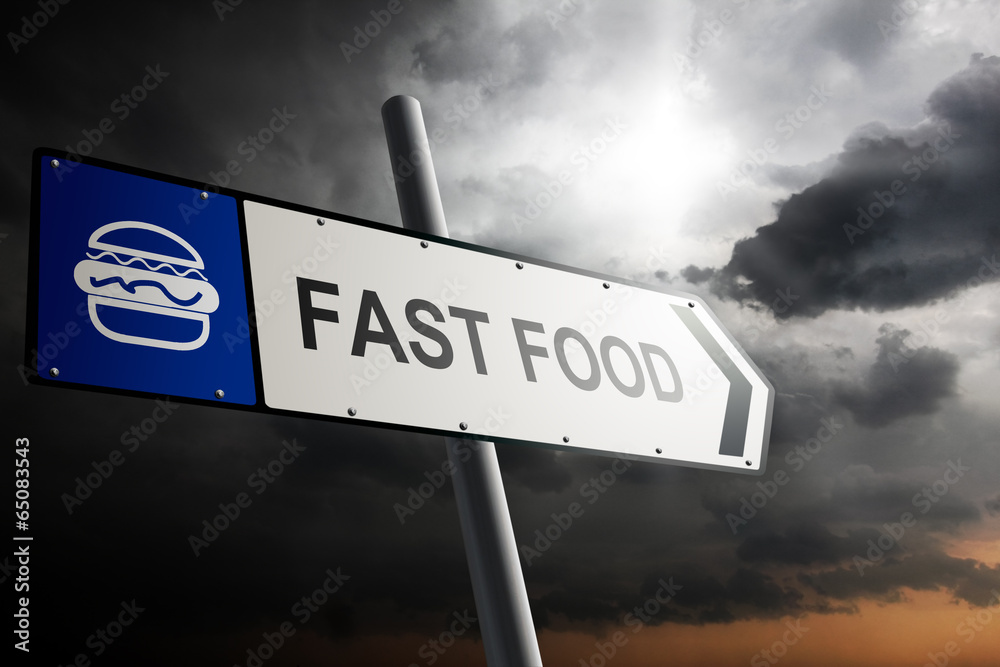 Obraz premium Fast food direction. Blue traffic sign.