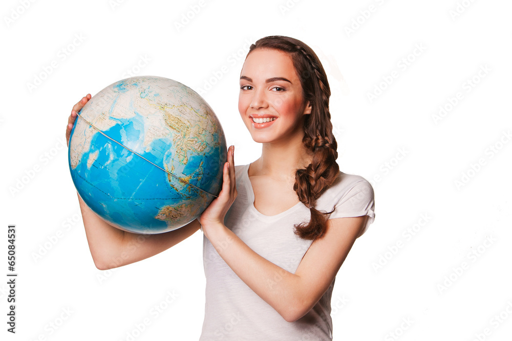 smiling young woman holding a globe in his hands smiling young woman holding a globe in his hands