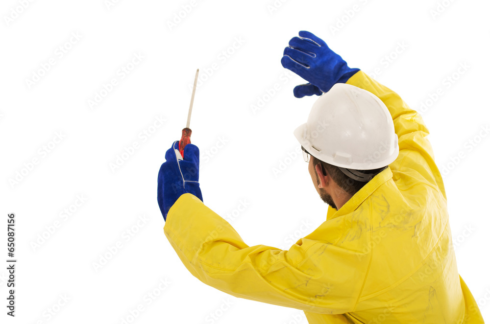 man with screwdriver protective suit man with screwdriver protective suit