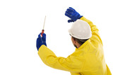 man with screwdriver protective suit
