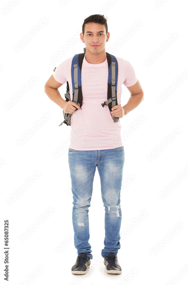 student wearing a backpack on white background student wearing a backpack on white background