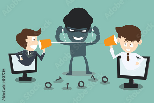 two businessmen speaking with a  hacker spy listening