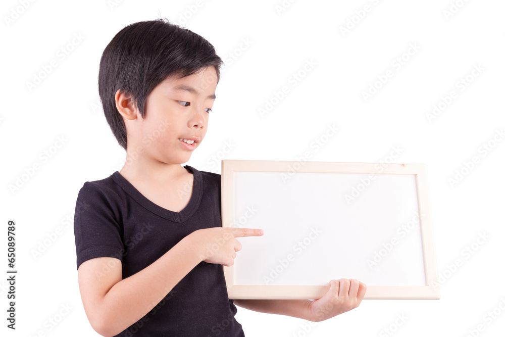 Portrait of happy little boy with white blank isolated on white Portrait of happy little boy with white blank isolated on white