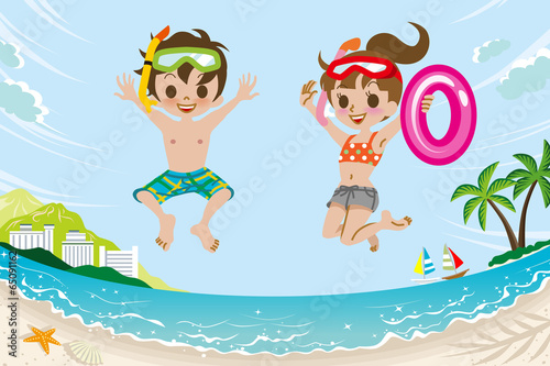 Jumping Kids in Summer Beach