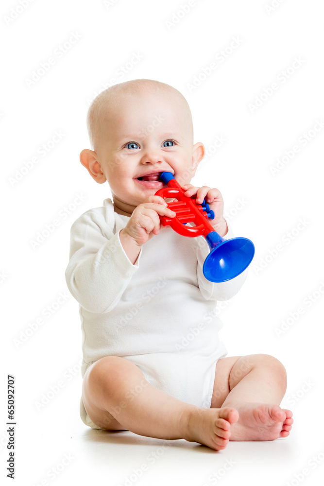 smiling baby playing with musical toys isolated on white backgro smiling baby playing with musical toys isolated on white backgro