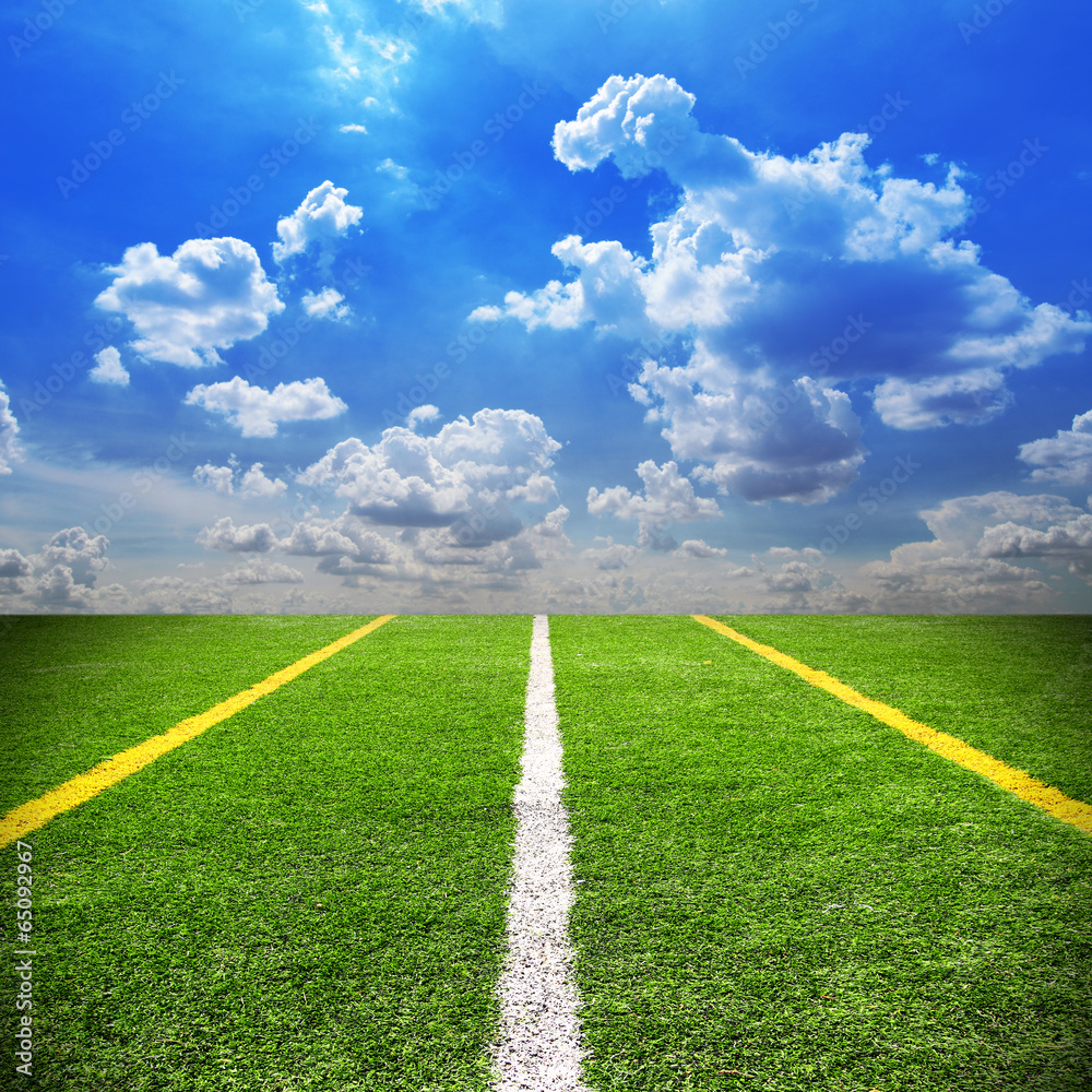 Obraz premium Football and soccer field grass stadium Blue sky background