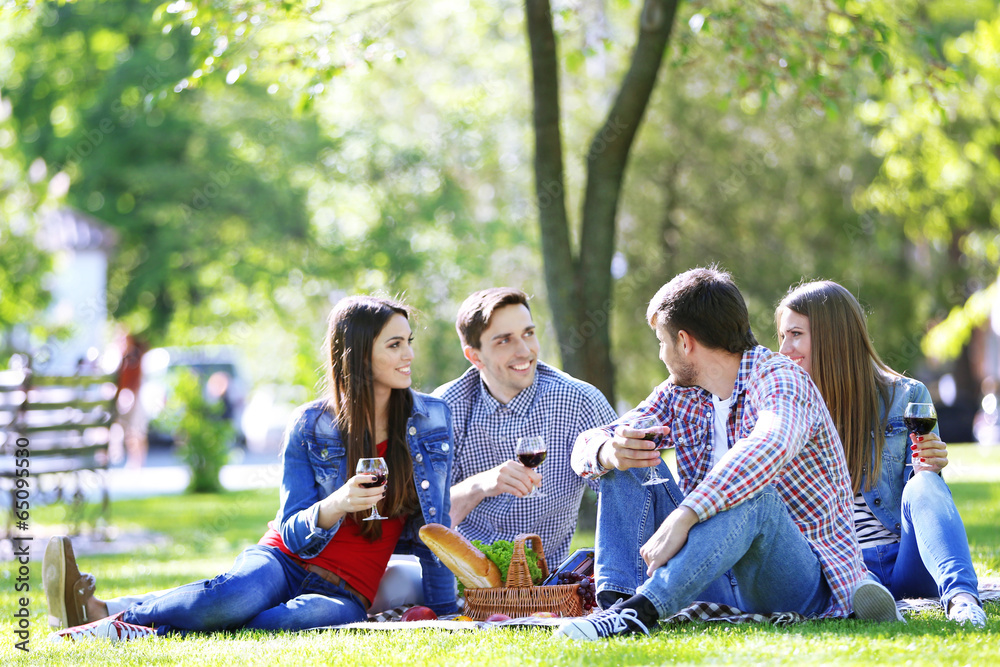 Happy friends on picnic in park