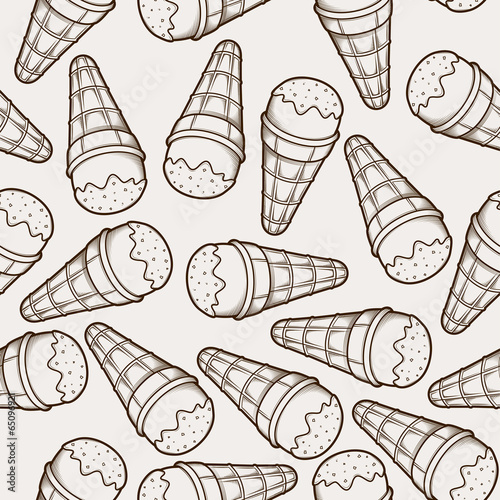 Detailed graphic ice cream cone seamless pattern. Brown outlines