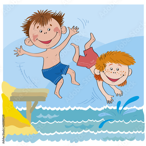 Cheerful children-Boys jump in water-illustration