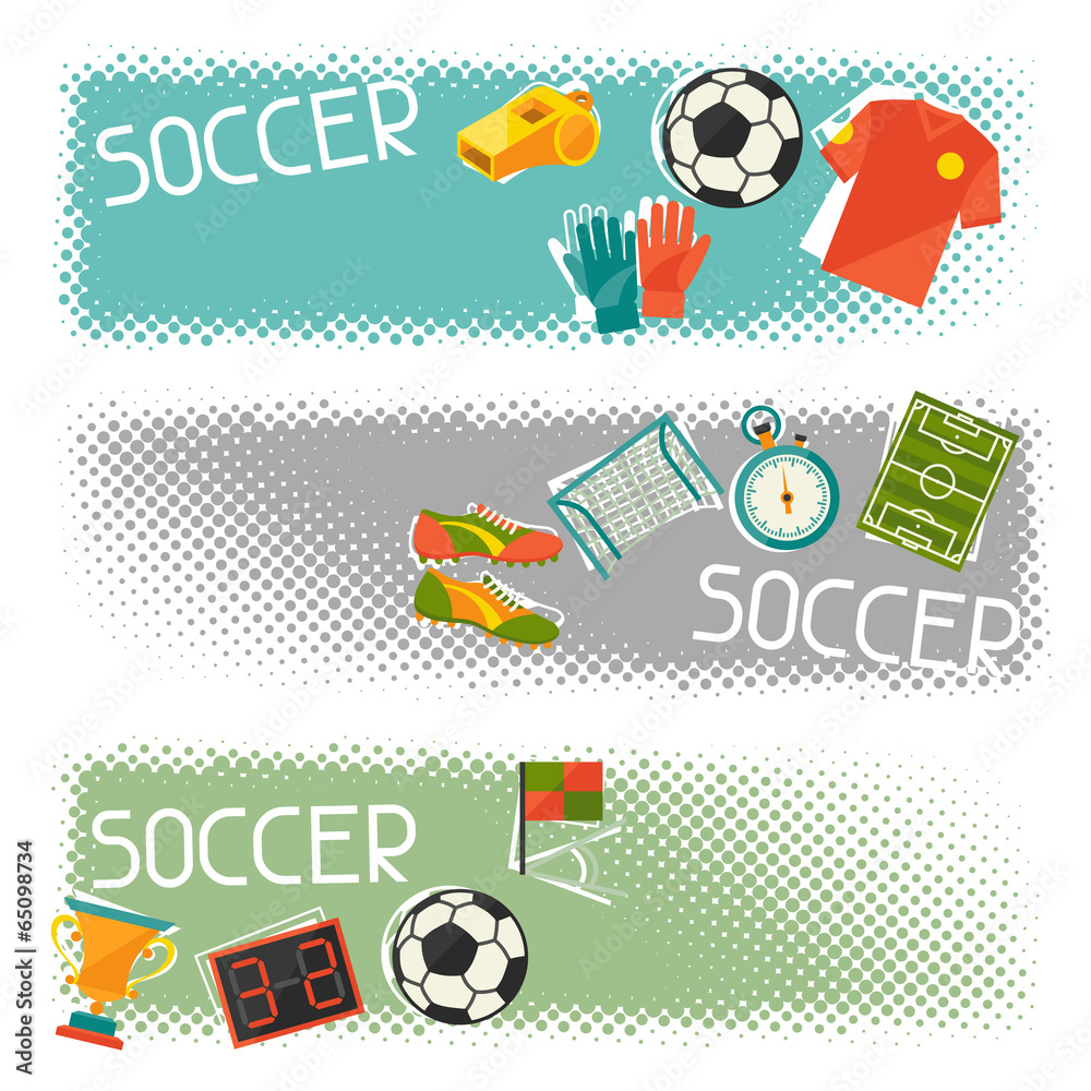 Sports horizontal banners with soccer (football) flat icons.