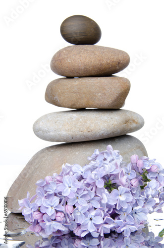 Composition of stacked pebbles with lilac