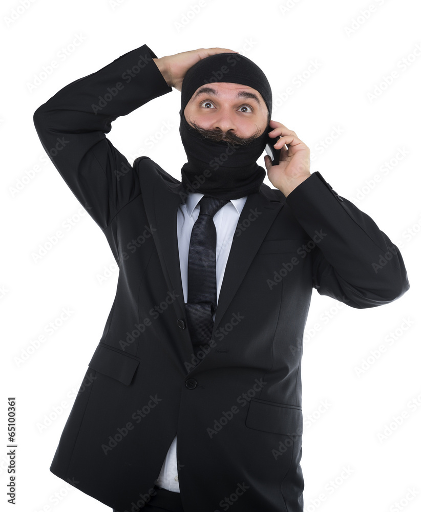 Adult man with mustache surprised on phone isolated Adult man with mustache surprised on phone isolated