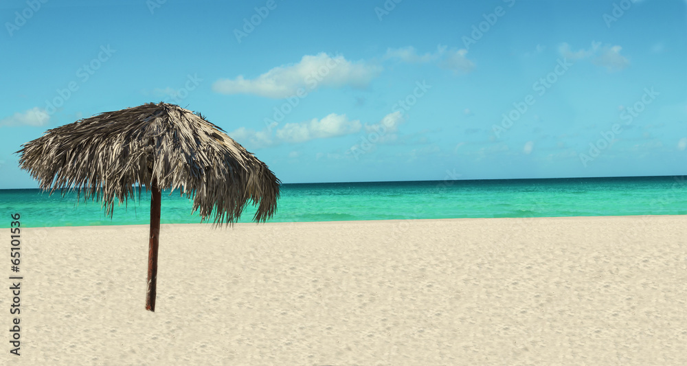 Exotic beach with palm tree umbrella, azure ocean and blue sky